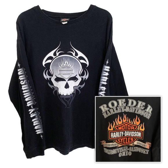 Harley-Davidson Other - Harley Davidson Y2K Black Skull Flames Thermal L/S Tee Deadstock